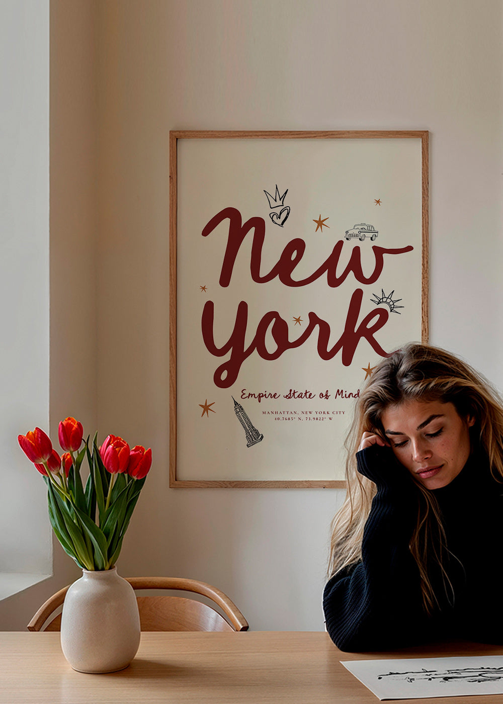 Reisposter New York met bordeaux handlettering