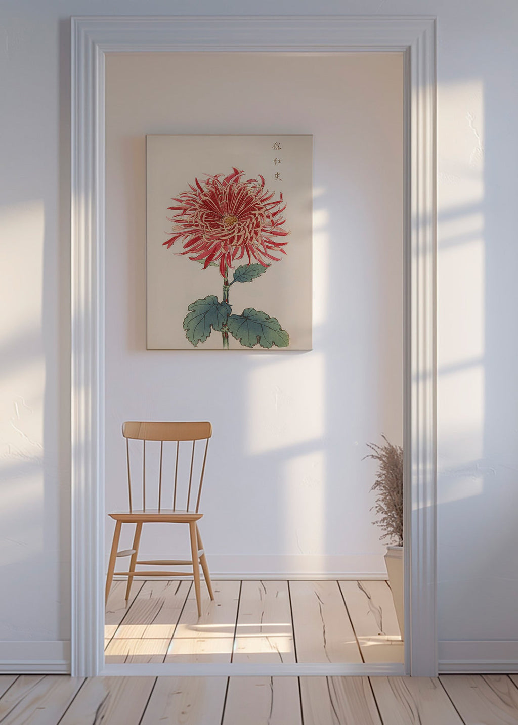 Botanische poster rode chrysantemum met detail