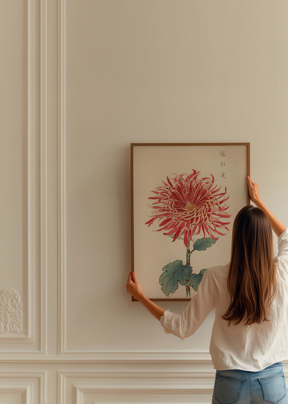 Botanische poster rode chrysantemum met detail