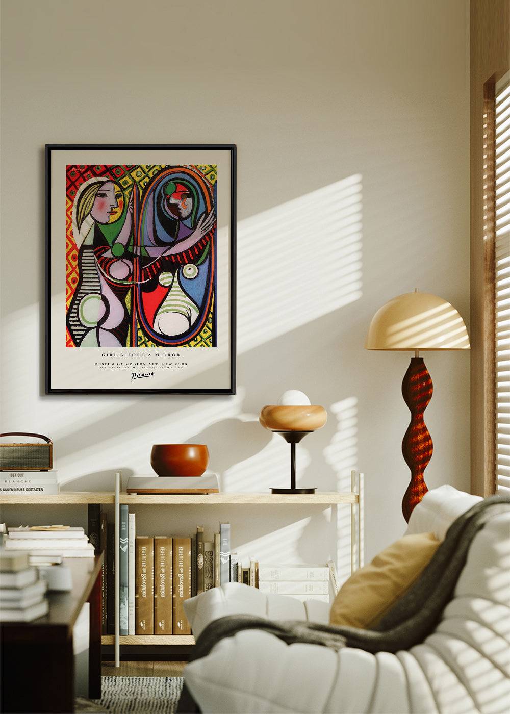 Abstract schilderij met figuur voor een spiegel