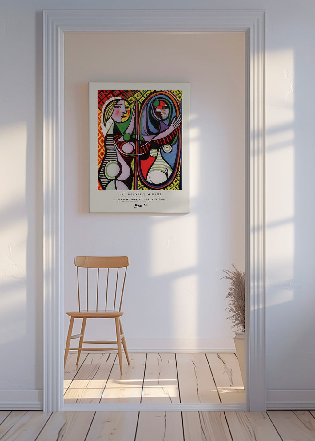 Abstract schilderij met figuur voor een spiegel
