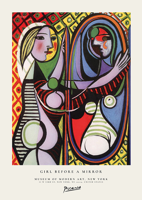 Abstract schilderij met figuur voor een spiegel