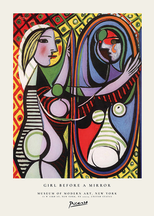 Abstract schilderij met figuur voor een spiegel