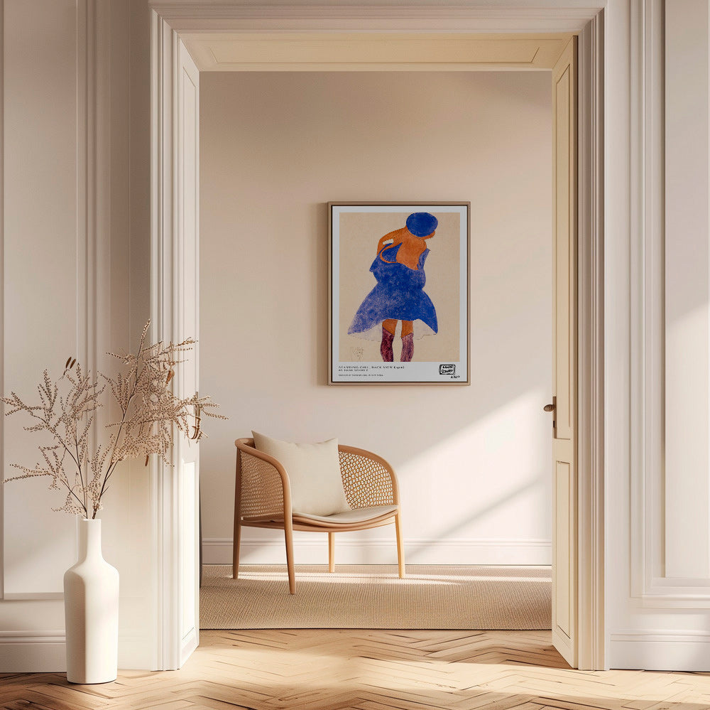 Illustratie: vrouwelijke figuur van achteren in blauw