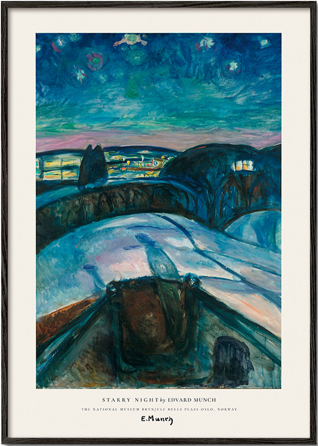 Landschap kunst met sterrenhemel en besneeuwde heuvels