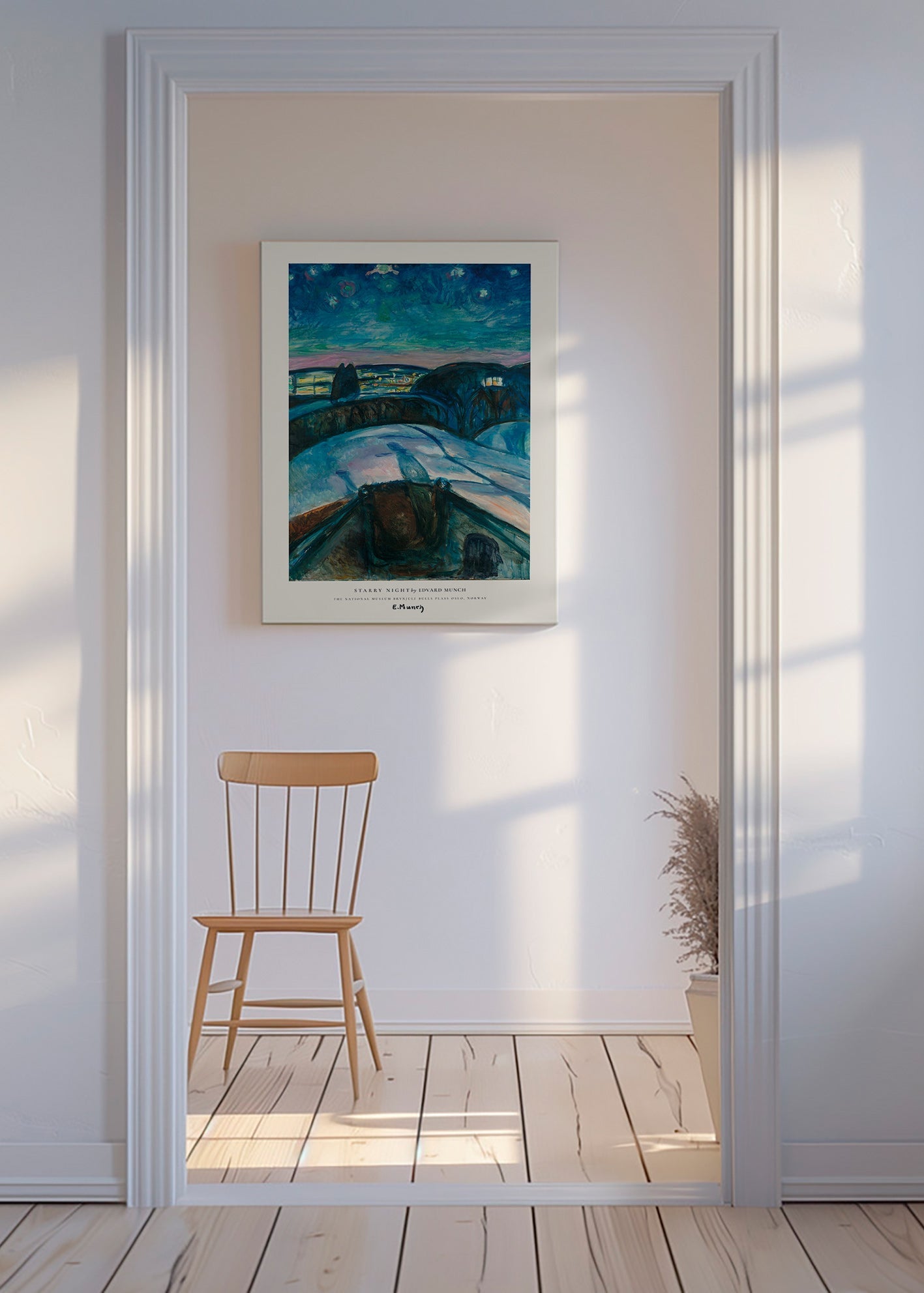 Landschap kunst met sterrenhemel en besneeuwde heuvels