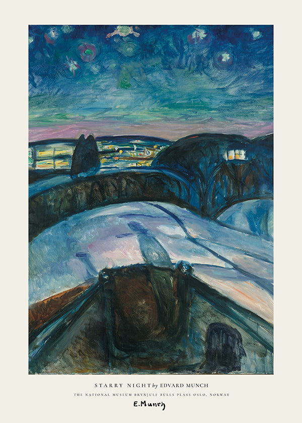 Landschap kunst met sterrenhemel en besneeuwde heuvels