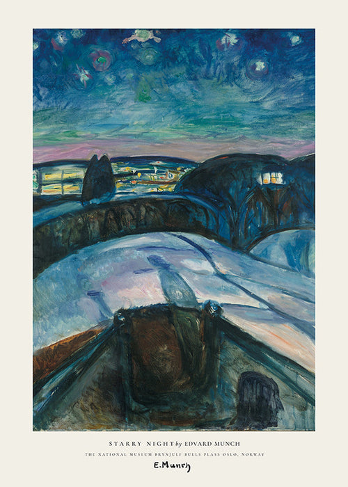 Landschap kunst met sterrenhemel en besneeuwde heuvels