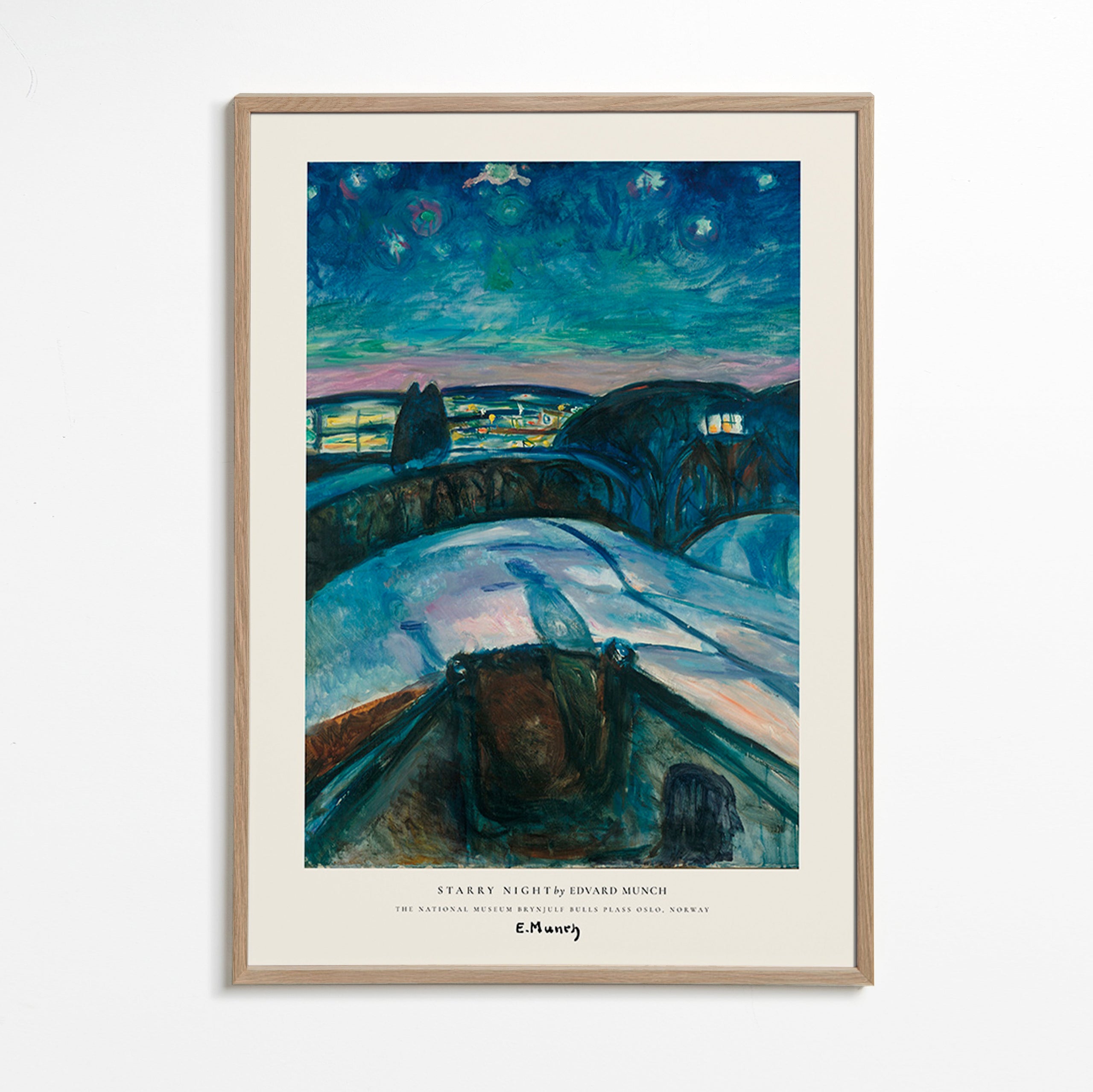 Landschap kunst met sterrenhemel en besneeuwde heuvels