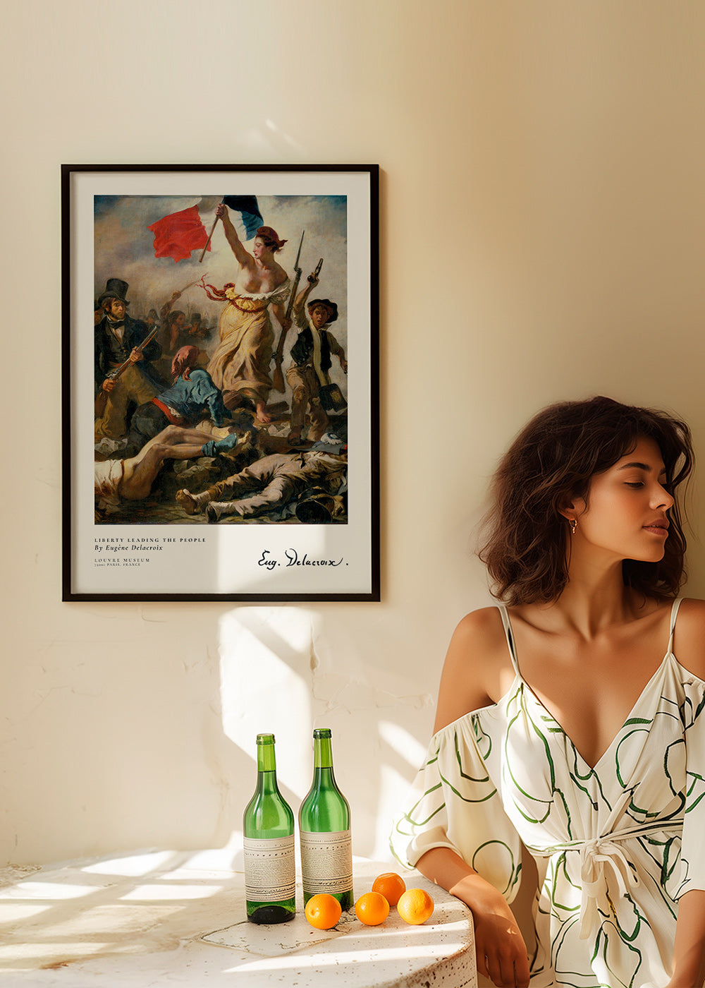 Vintage print van vrouw met driekleurige vlag