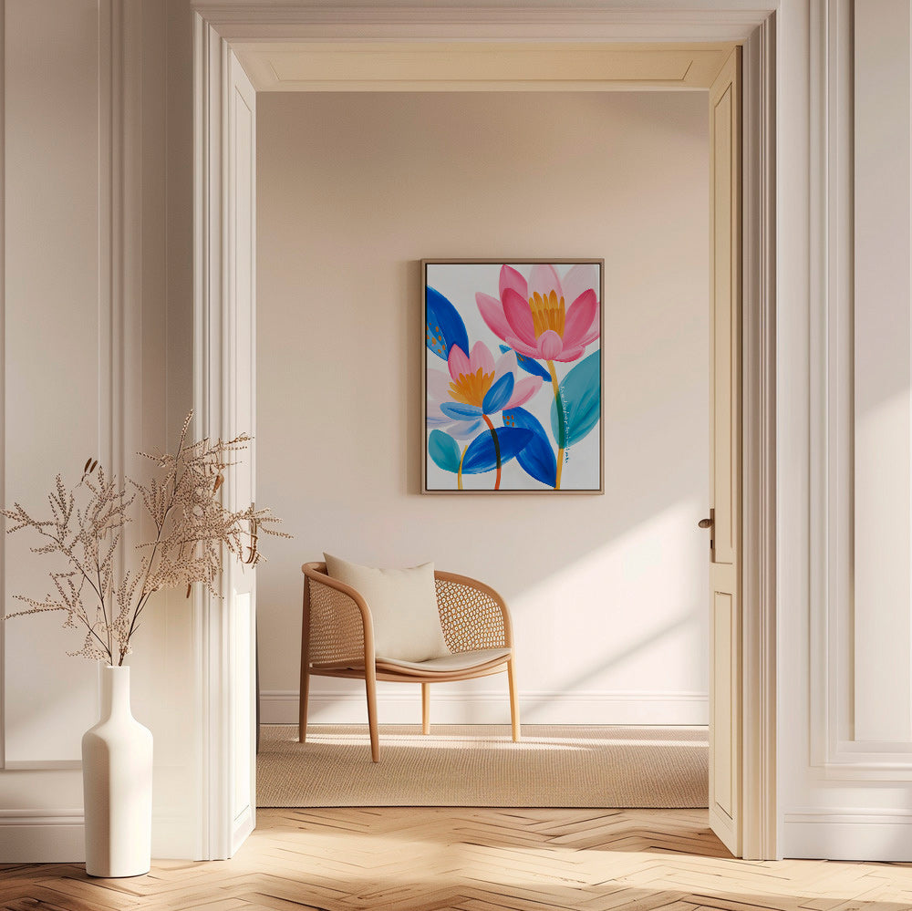 Botanische poster met roze en blauwe bloemen