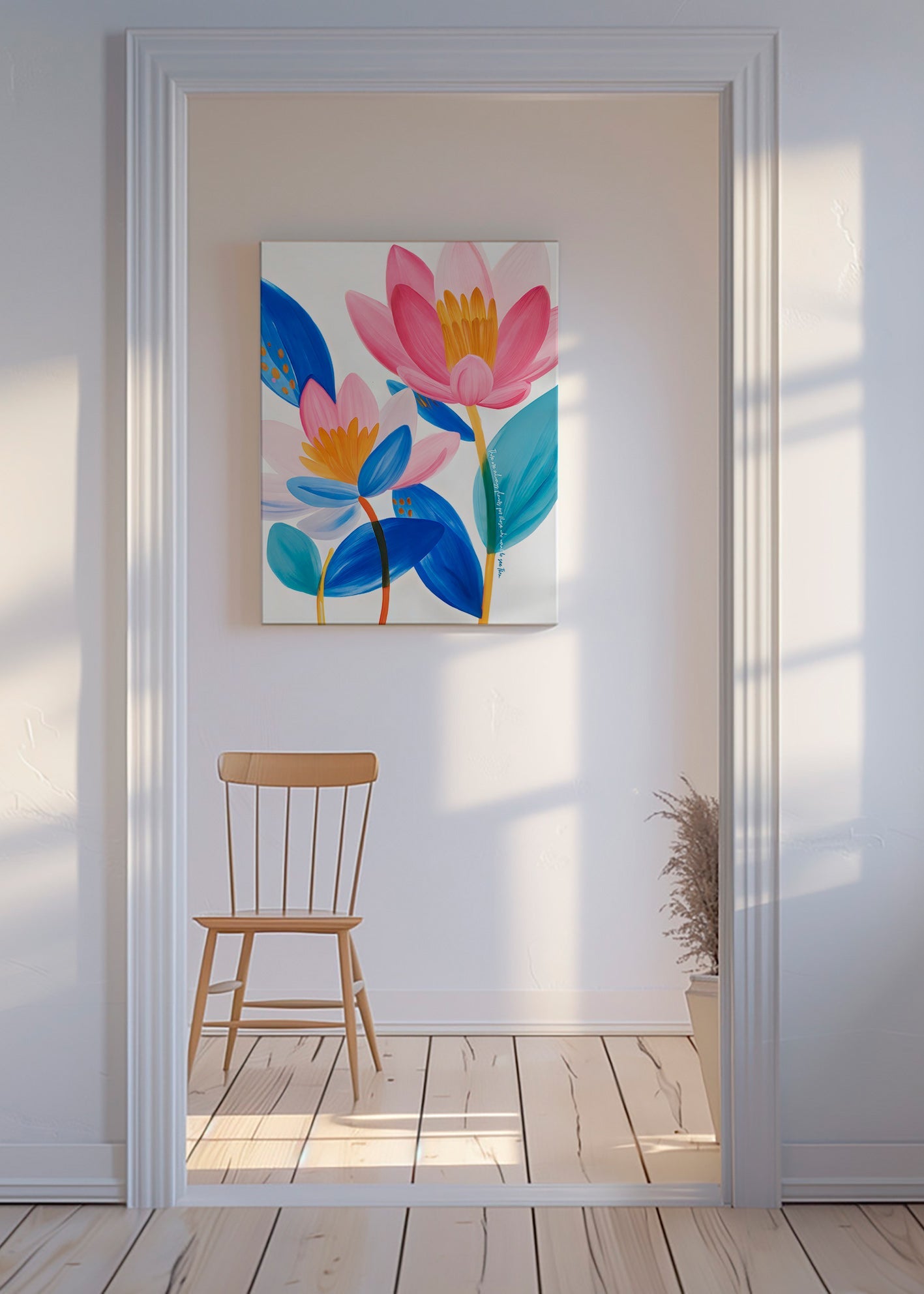Botanische poster met roze en blauwe bloemen