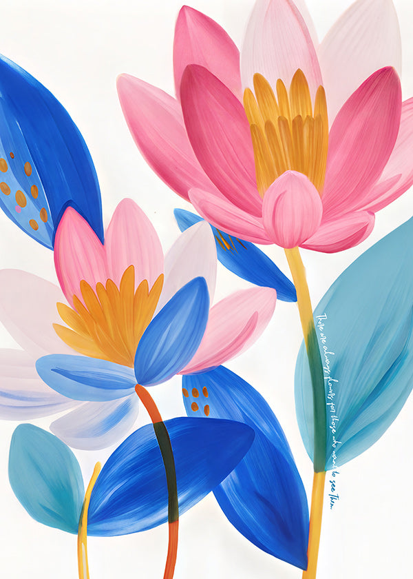 Botanische poster met roze en blauwe bloemen
