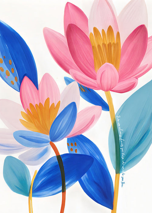 Botanische poster met roze en blauwe bloemen