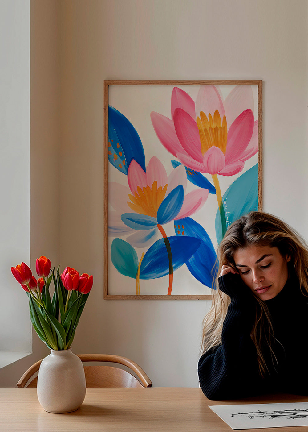 Botanische poster met roze en blauwe bloemen