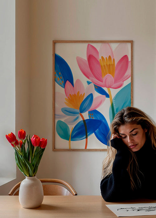 Botanische poster met roze en blauwe bloemen
