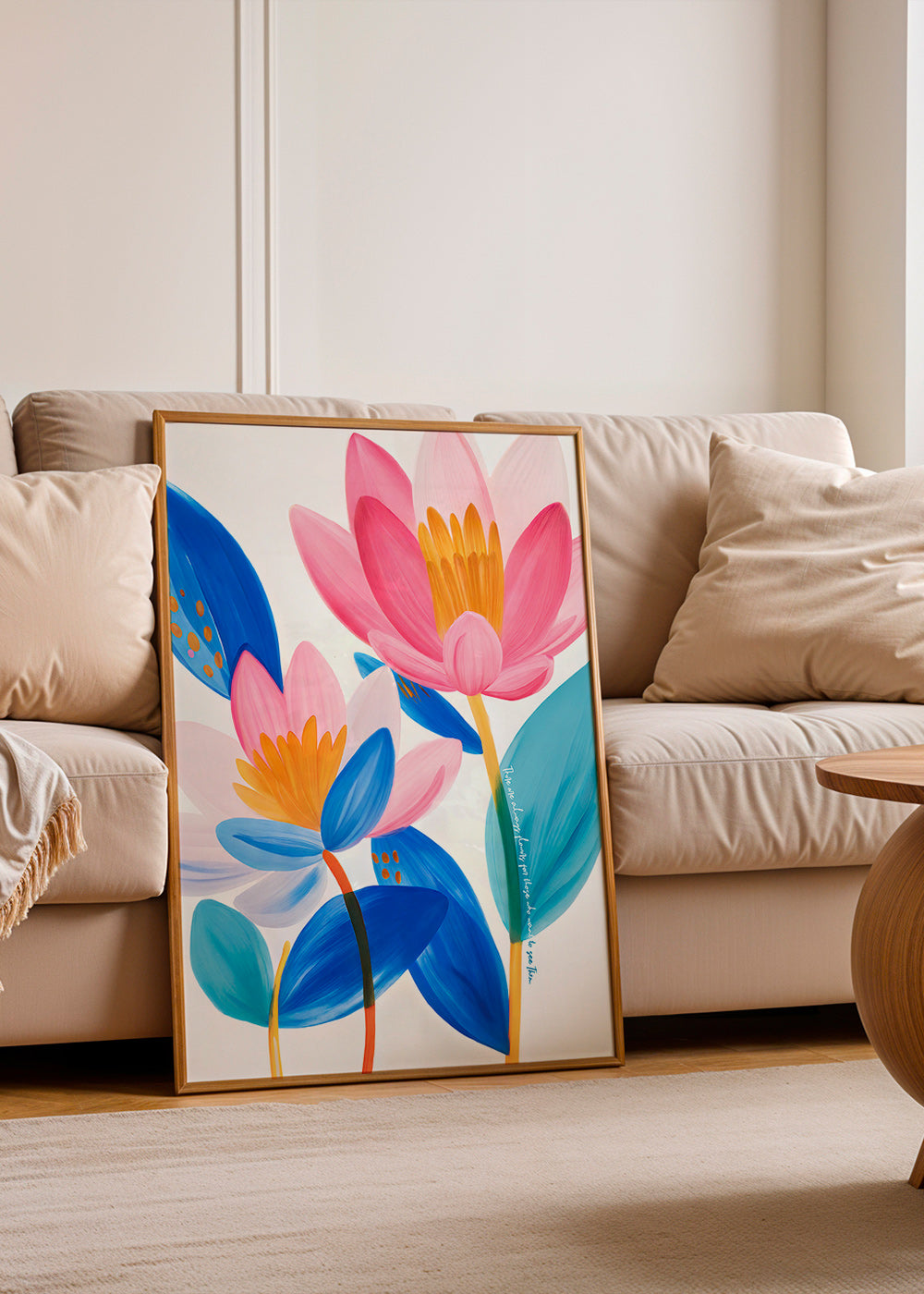 Botanische poster met roze en blauwe bloemen