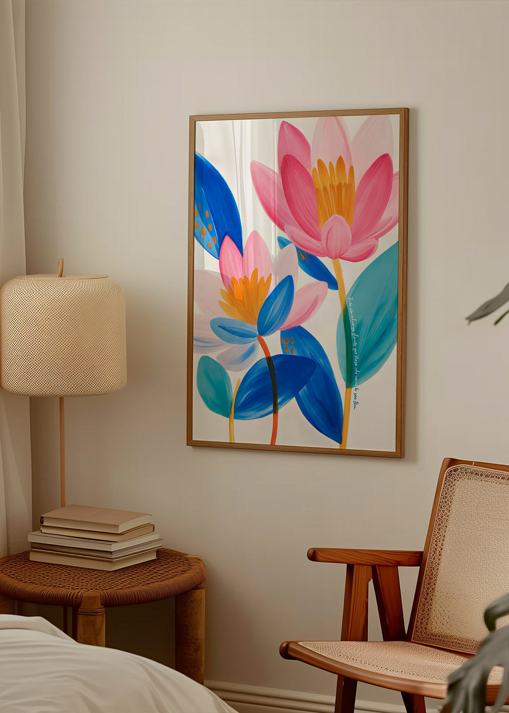 Botanische poster met roze en blauwe bloemen