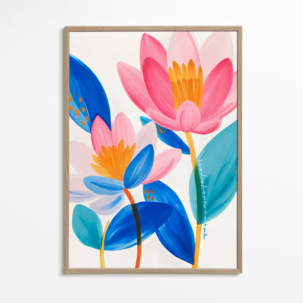 Botanische poster met roze en blauwe bloemen