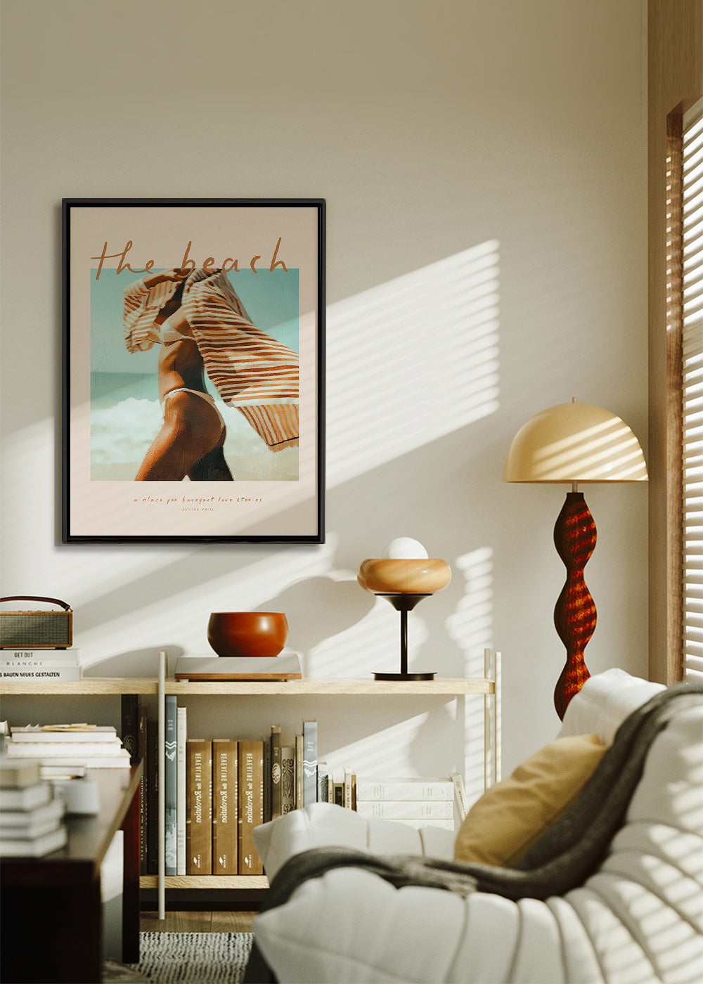 Landschap kunst met strandfiguur en gestreepte handdoek