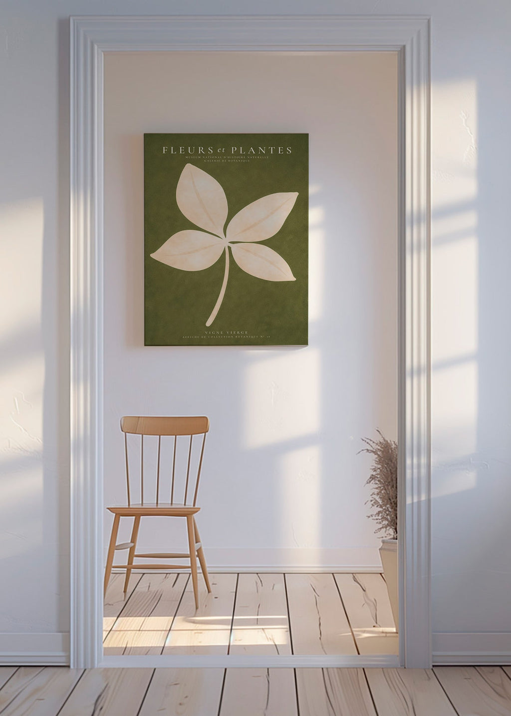 Botanische print: crèmekleurig blad op groen veld