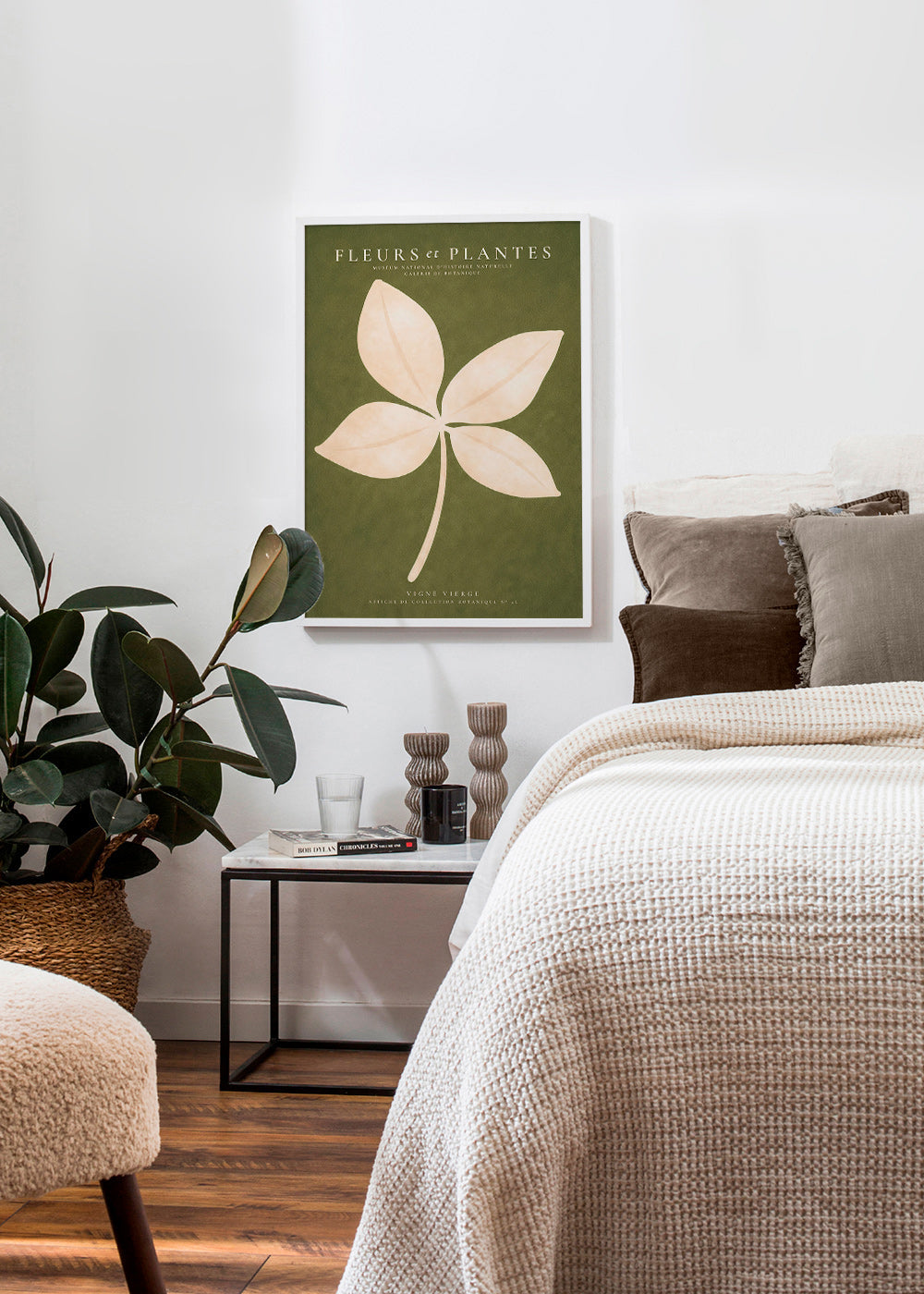 Botanische print: crèmekleurig blad op groen veld