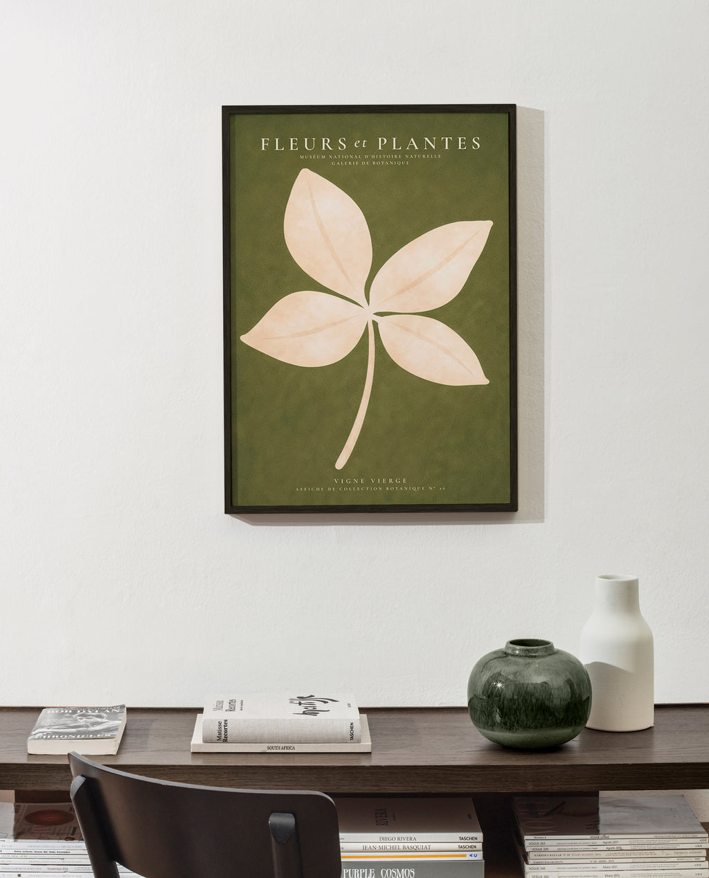 Botanische print: crèmekleurig blad op groen veld