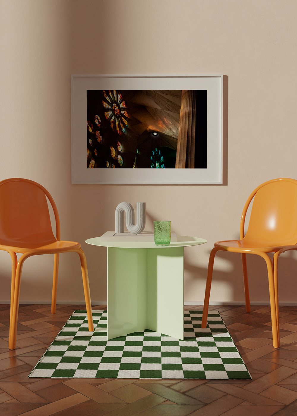 Architectuurfotografie van glas-in-lood met warm licht