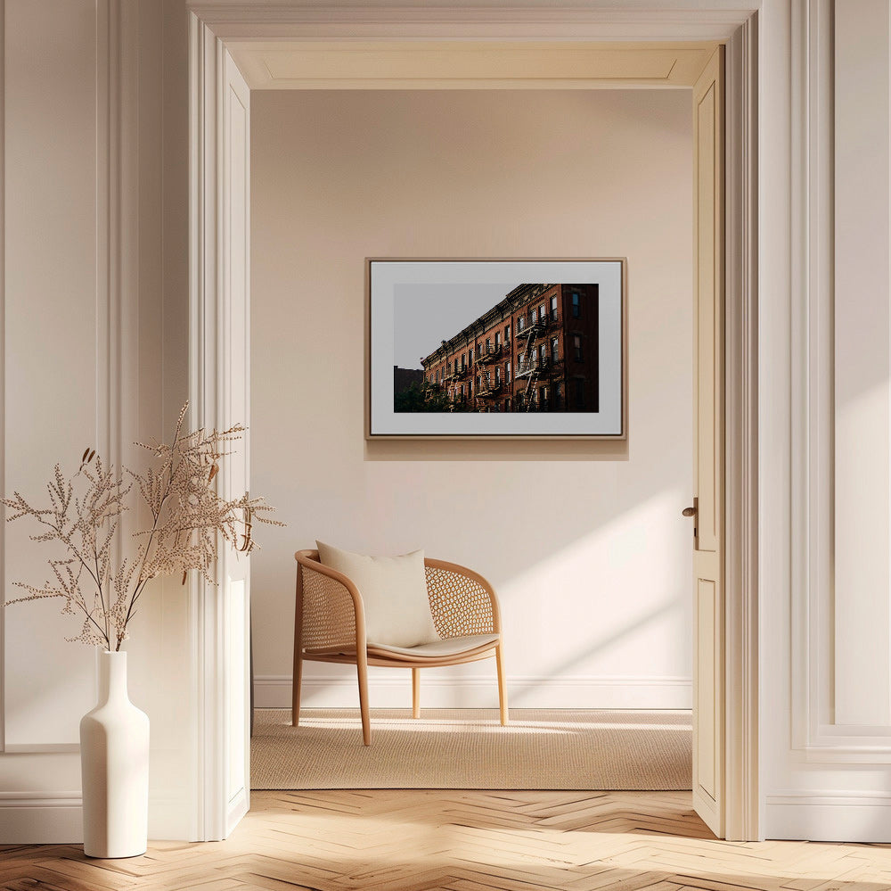 Reisposter: New York brownstone-gevel met brandtrappen