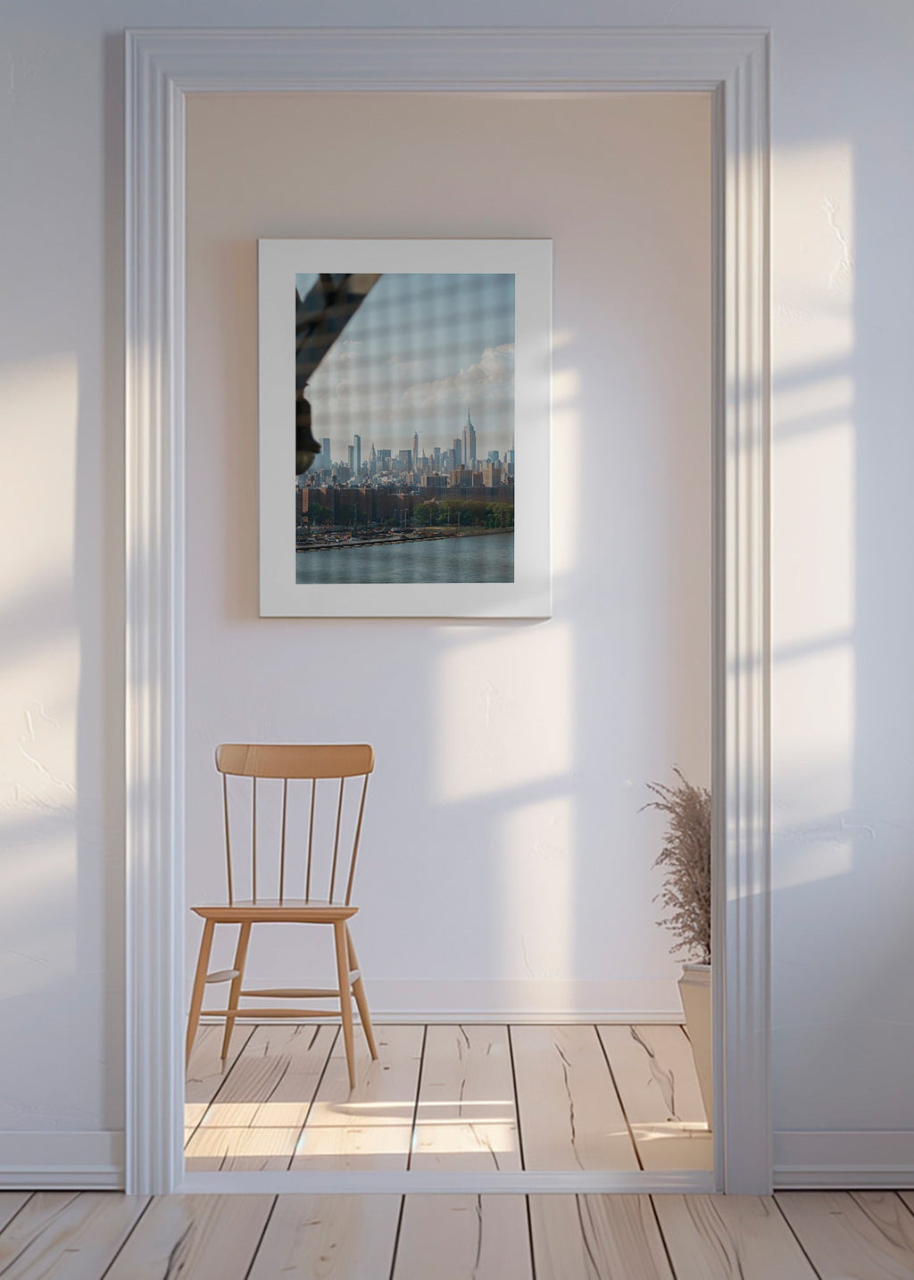 Stadsposter met skyline door het raam
