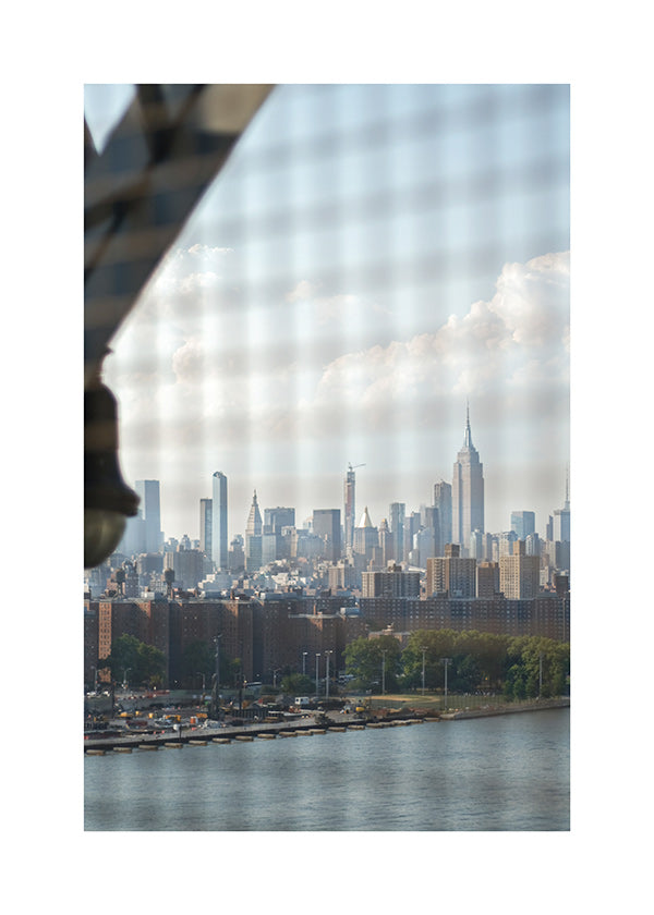 Stadsposter met skyline door het raam