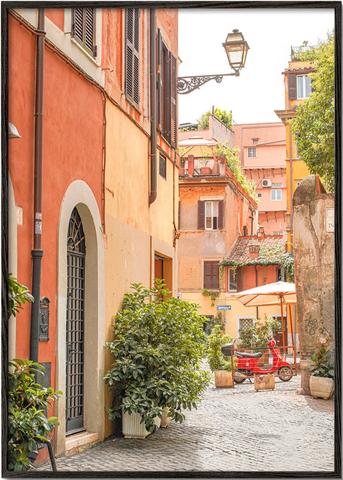 Keuken kunst: Trastevere straat met rode scooter – Black Frame