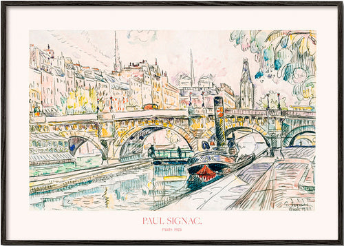 Keuken kunst: Pont Neuf sleepboot schets in inkt en waterverf – Black Frame