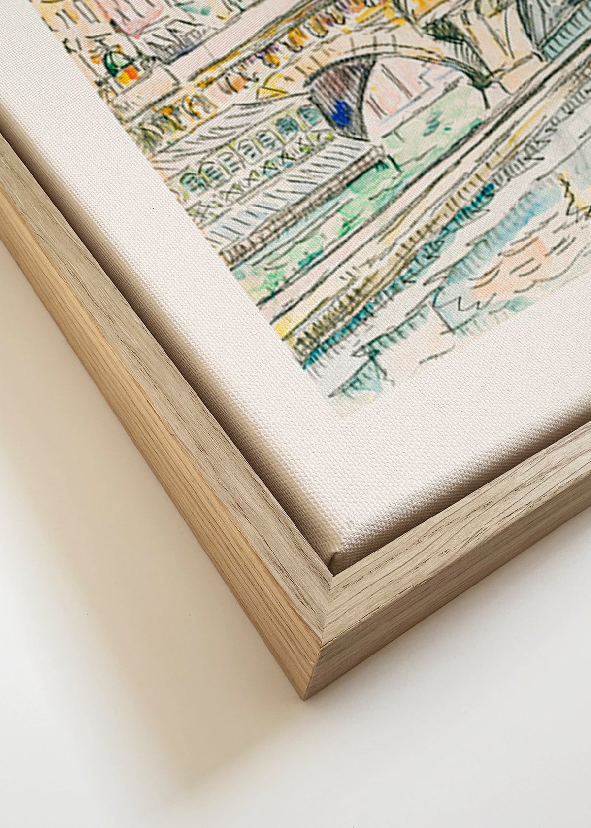 Keuken kunst: Pont Neuf sleepboot schets in inkt en waterverf – Canvas detail