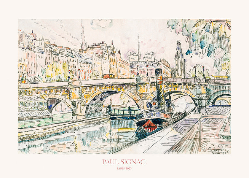 Cuadro de ciudades: Pont Neuf con remolcador en tinta y acuarela