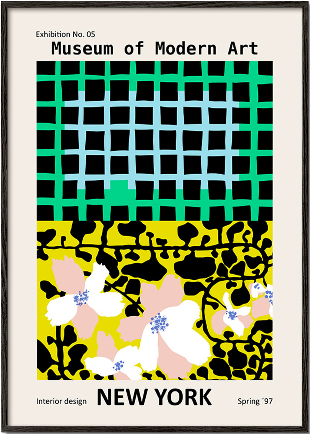 Stedenposter: New York typografische print met bloemmotieven – Black Frame