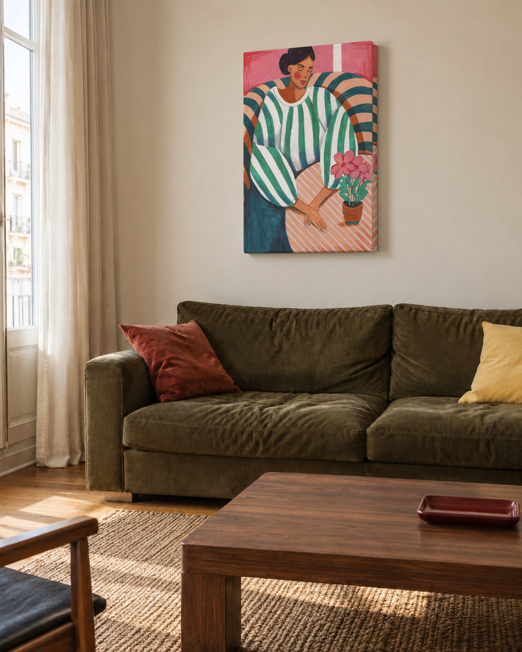 Woman in stripes in thought - Unframed canvas in an interior