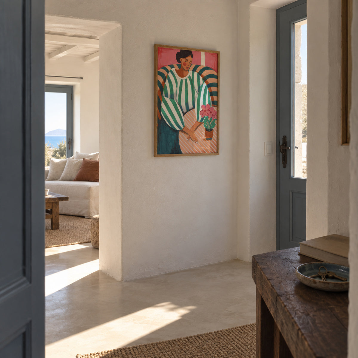 Woman in stripes in thought - Framed poster in an interior