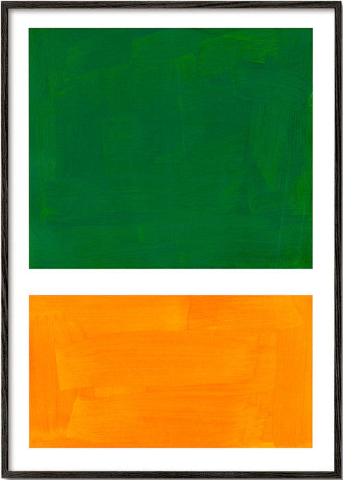 Abstract kunstwerk met groen en oranje vlakken – Black Frame