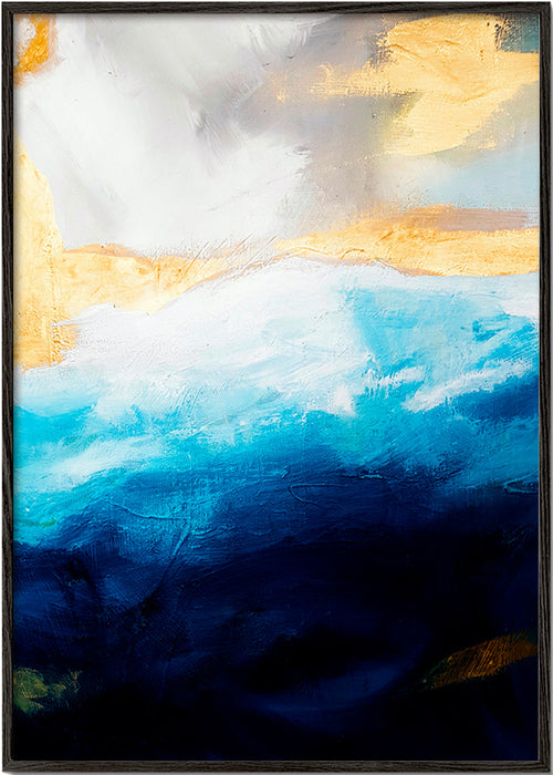 Abstract zee-schilderij in blauw met gouden accenten – Black Frame