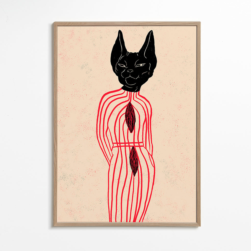 Cuadro gato estilizado con líneas rojas – Oak Frame