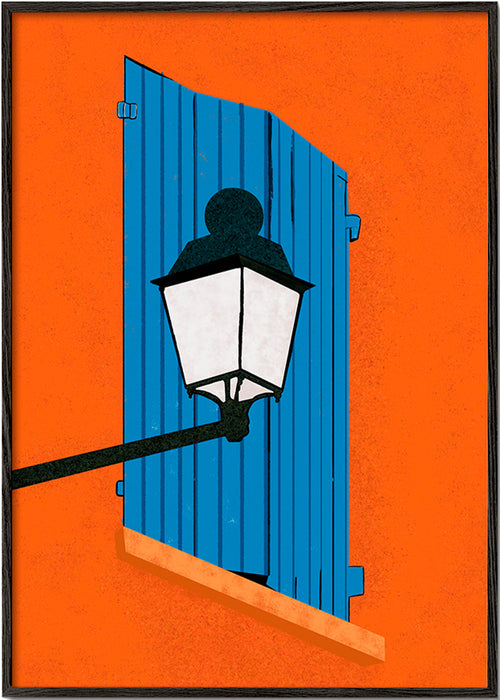 Illustratie blauwe luik en straatlantaarn – Black Frame