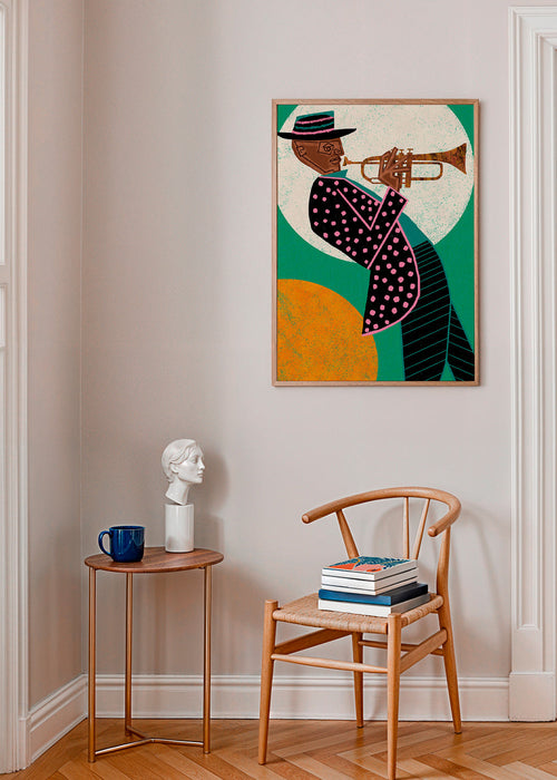 Illustratie trompetmuzikant onder de maan – Product1