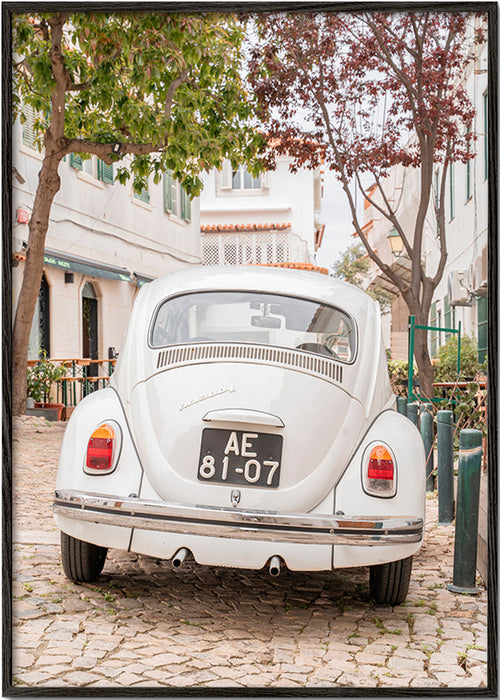 Stadsposter klassieke auto op kasseien – Black Frame