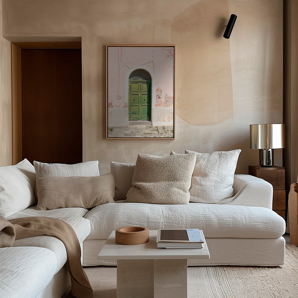 Cuadro de ciudades: puerta verde en fachada rosa – Canvas2