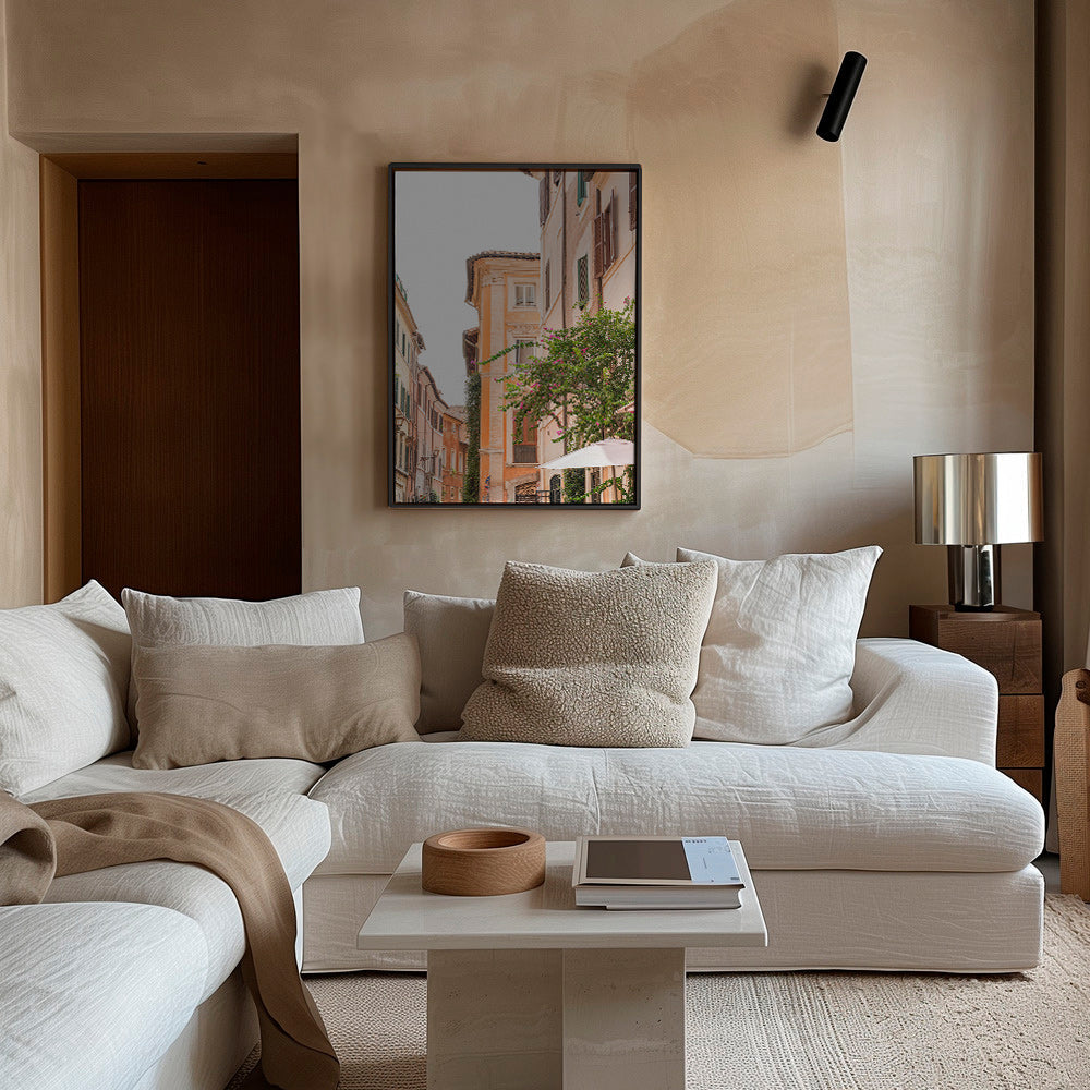 Cuadro de ciudades con fachada romana y buganvillas – Canvas1