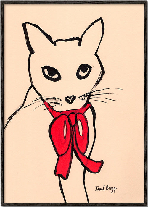 Kunst van kat met rode strik en losse lijn – Black Frame