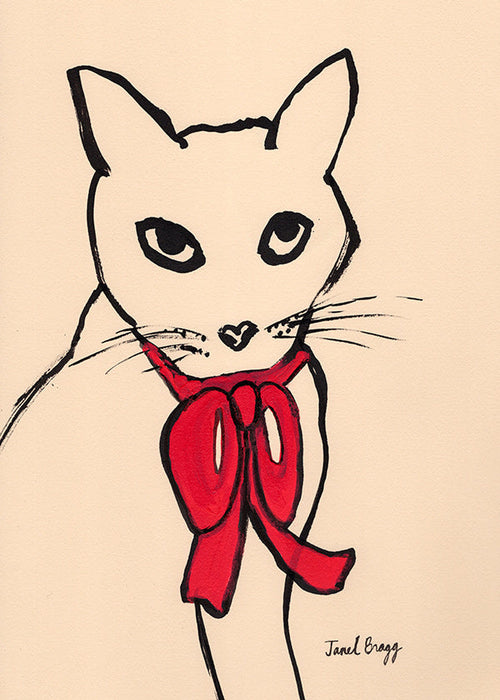 Kunst van kat met rode strik en losse lijn