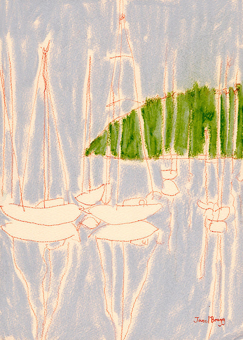 Landschap kunst met zeilboten en groene heuvel