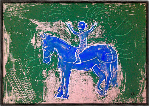 Kunstwerk blauw paard met ruiter – Black Frame